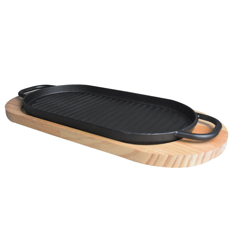 Oblong Cast Iron (30.5 x 16cm) Sizzler Tray Platter With Wooden Base