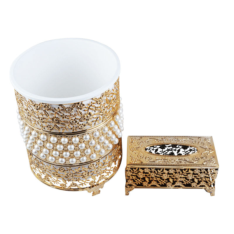 Pearls And Floral Design Decor Fancy Dustbin And Tissue Box Holder Set