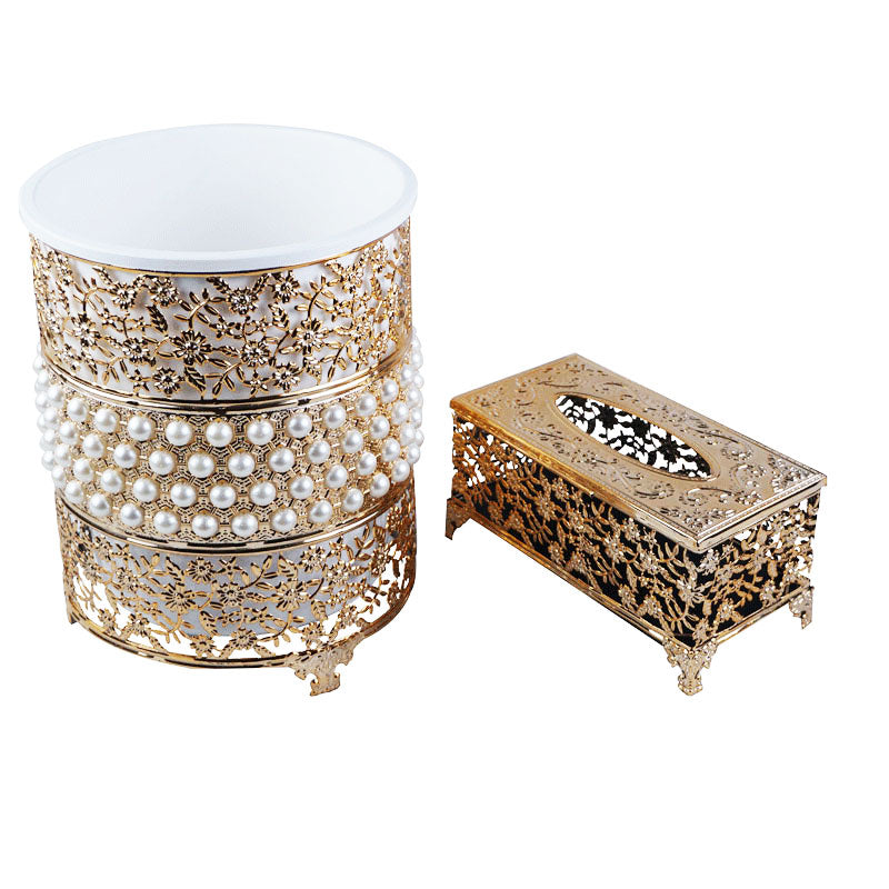 Pearls And Floral Design Decor Fancy Dustbin And Tissue Box Holder Set