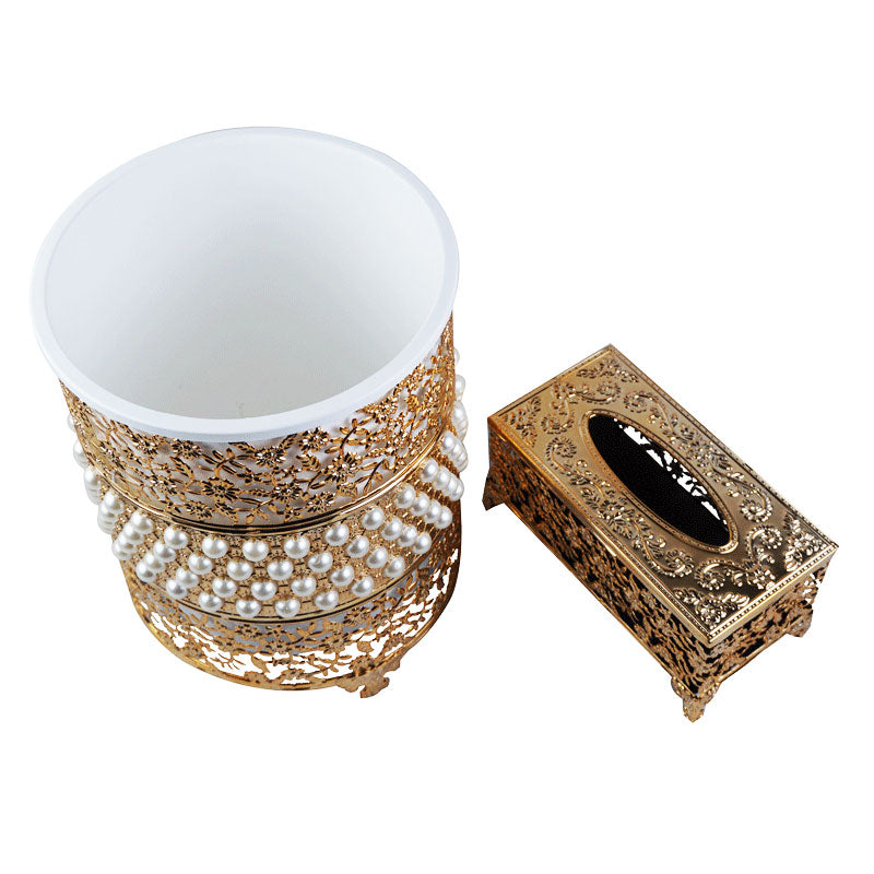 Pearls And Floral Design Decor Fancy Dustbin And Tissue Box Holder Set