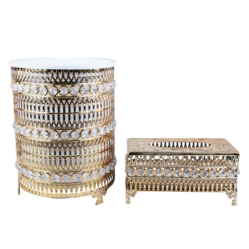 Rhinestones Crystal & Arches Design Decor Fancy Dustbin And Tissue Box Holder Set