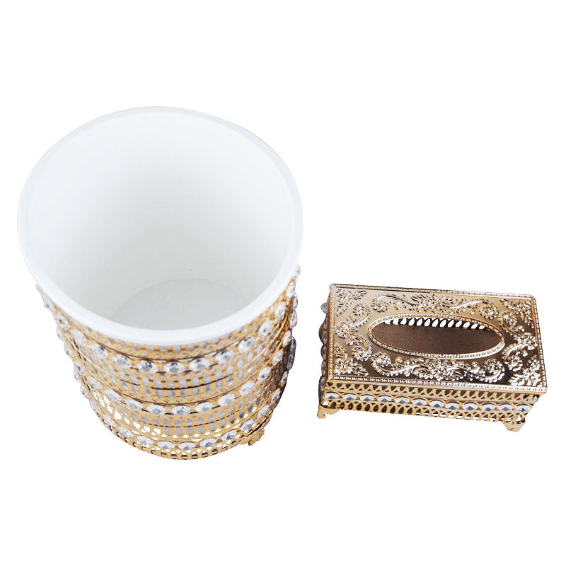 Rhinestones Crystal & Arches Design Decor Fancy Dustbin And Tissue Box Holder Set