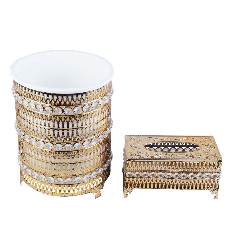 Rhinestones Crystal & Arches Design Decor Fancy Dustbin And Tissue Box Holder Set
