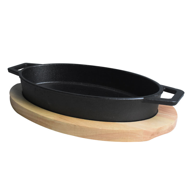 Oval Cast Iron Sizzler Pan (24.5 x 15.5cm) With Wooden Base