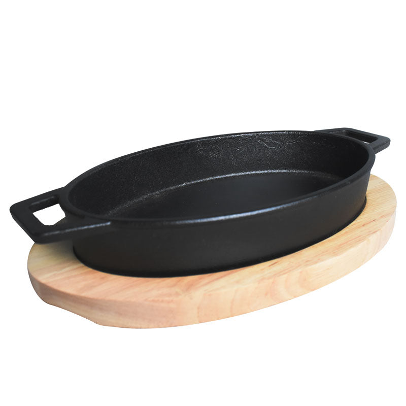 Oval Cast Iron Sizzler Pan (24.5 x 15.5cm) With Wooden Base