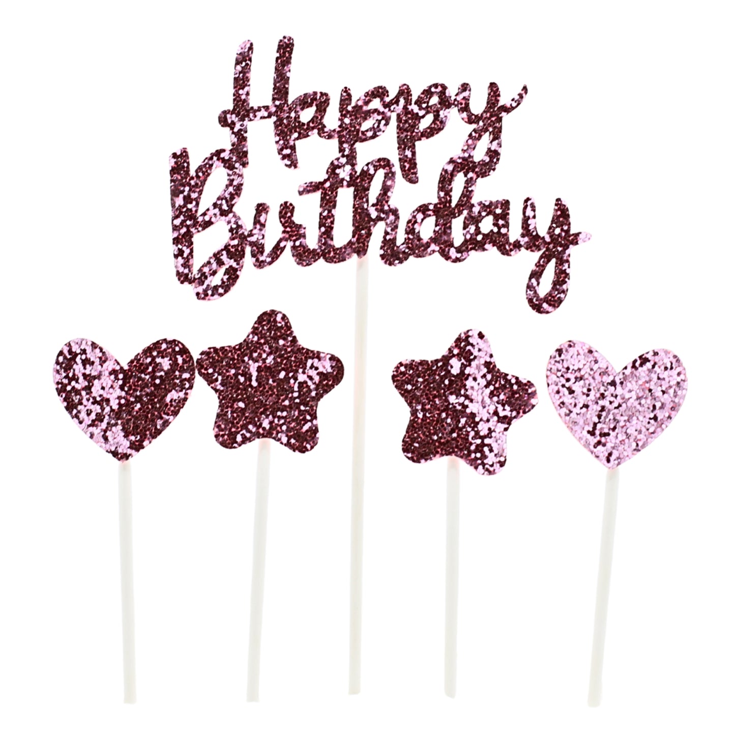 Happy Birthday, Heart & Star Cake Topper Pink