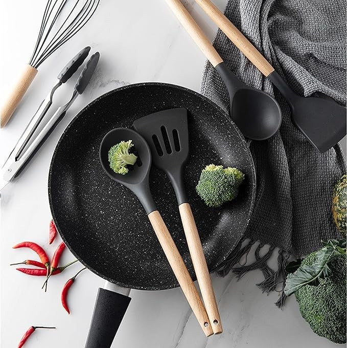 12-Piece Silicone Cooking Utensil Set With Wooden Handle And Holder (Black).