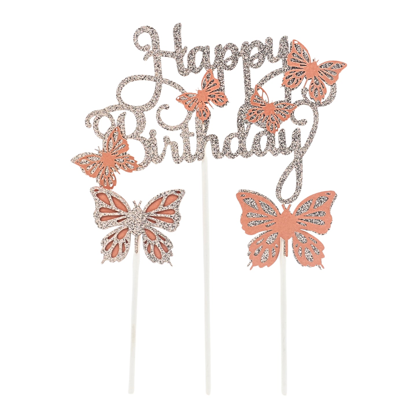 Happy Birthday And Butterfly Cake Topper 3Pcs Set Peach