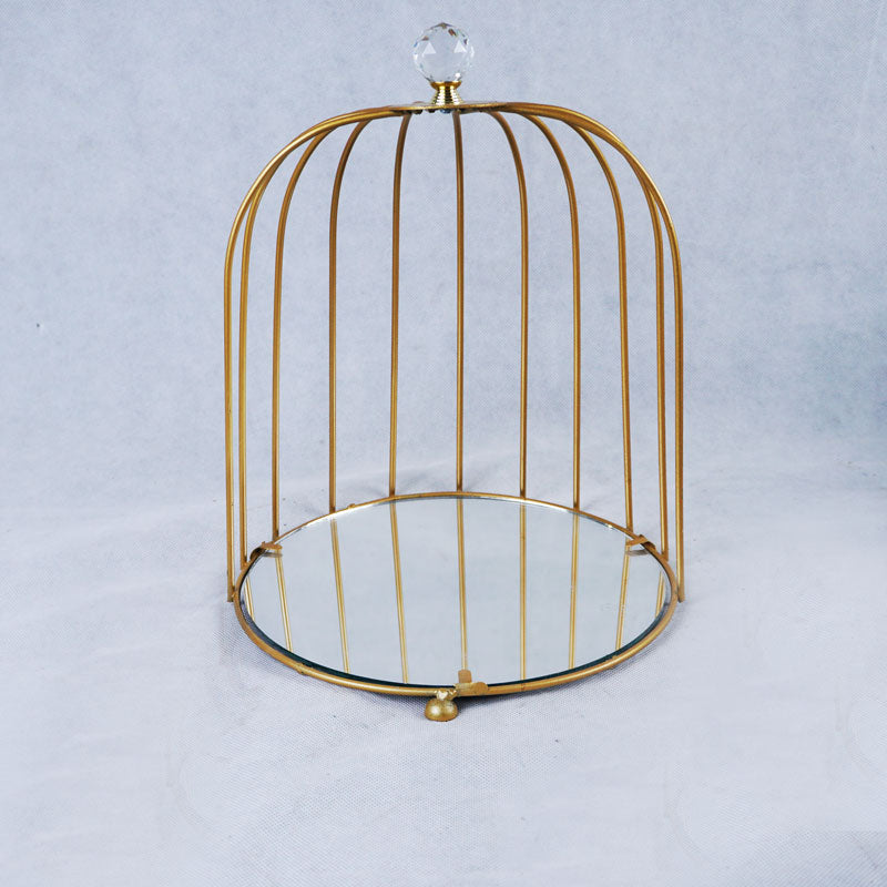 Round Mirror Base Bird Cage Style Desserts & Cosmetics Organizer