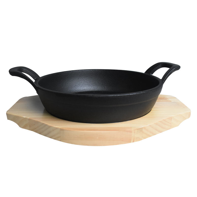 Round Cast Iron Sizzler Pan 18cm With Wooden Base