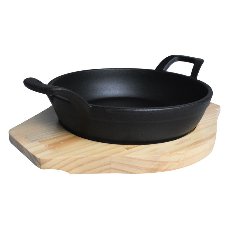 Round Cast Iron Sizzler Pan 18cm With Wooden Base