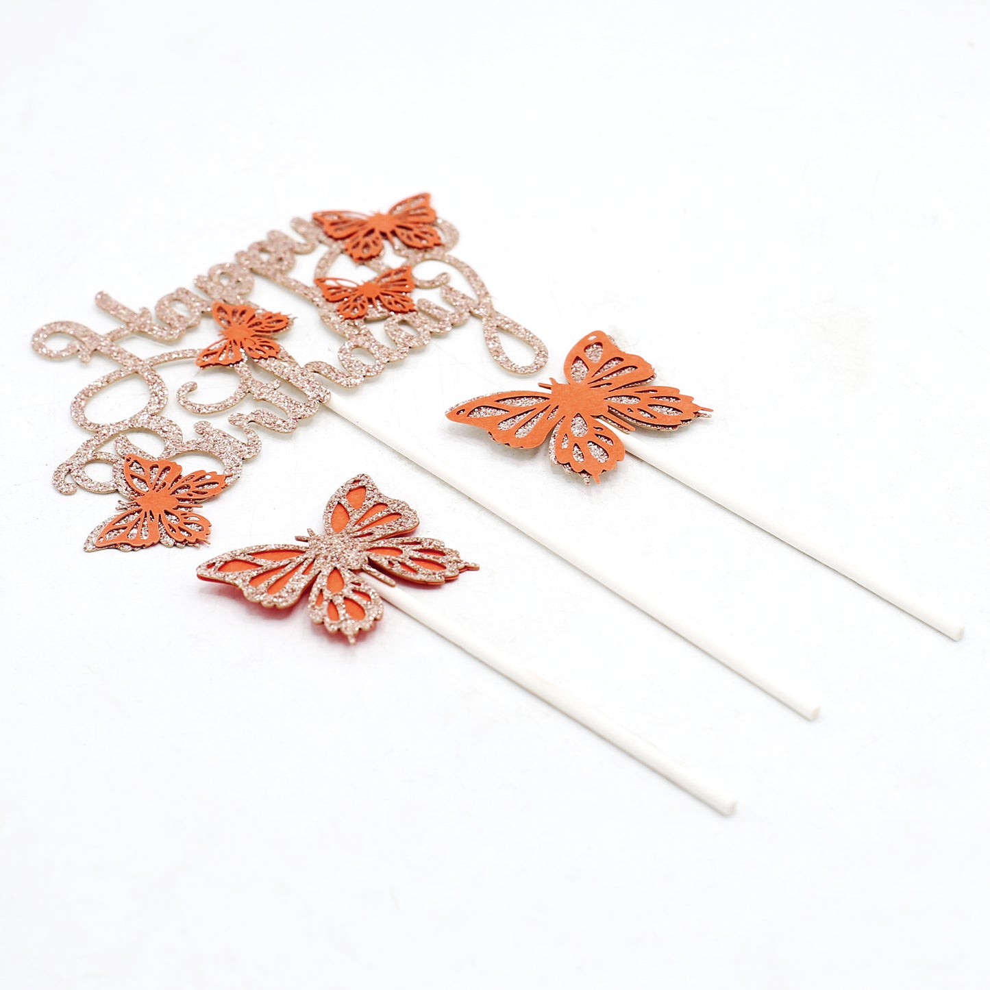 Happy Birthday And Butterfly Cake Topper 3Pcs Set Peach