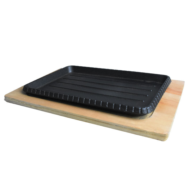 Rectangle Cast Iron Sizzler Plate With Wooden Base
