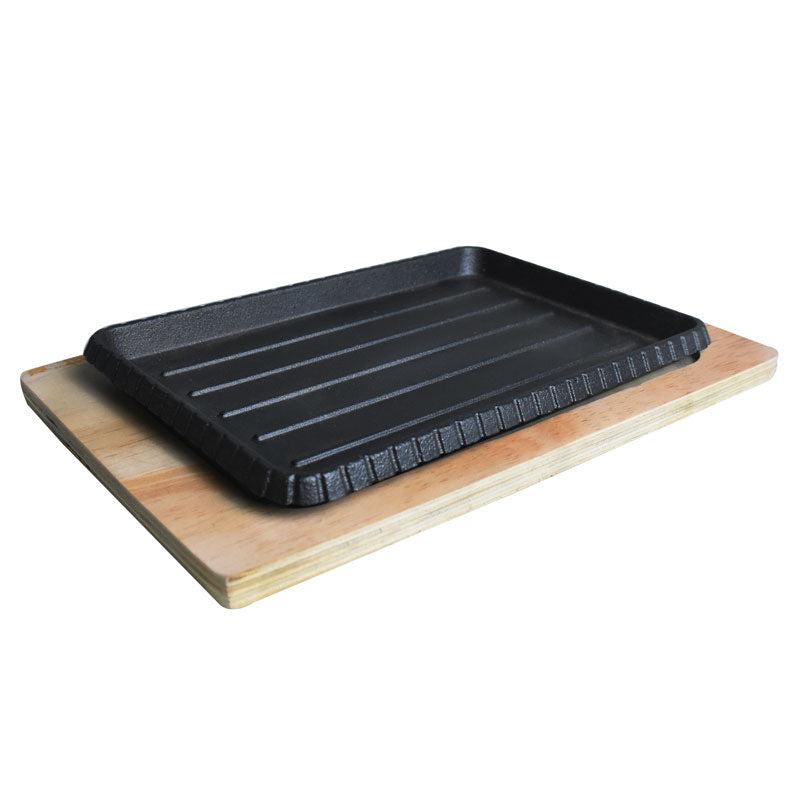 Rectangle Cast Iron Sizzler Plate With Wooden Base