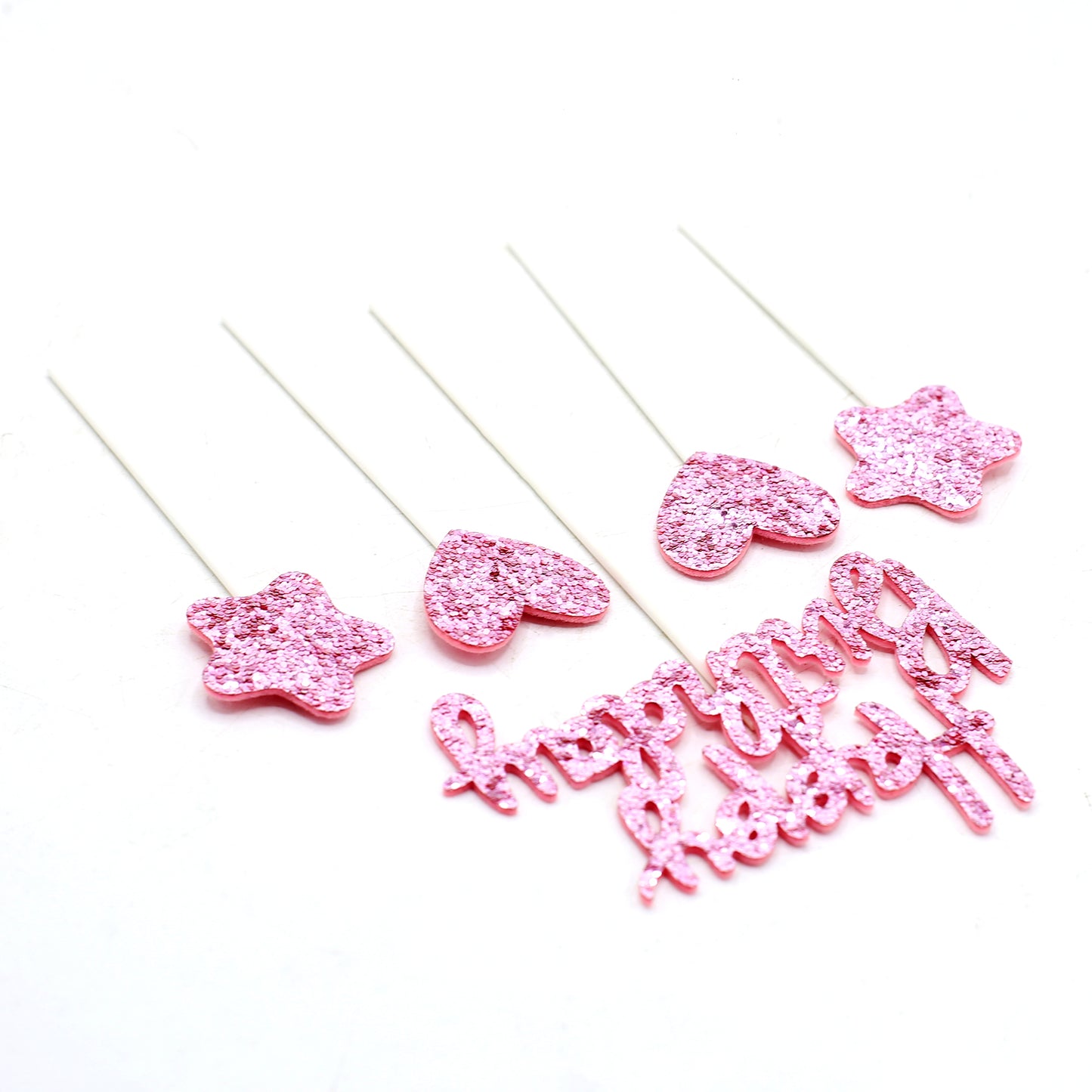 Happy Birthday, Heart & Star Cake Topper Pink