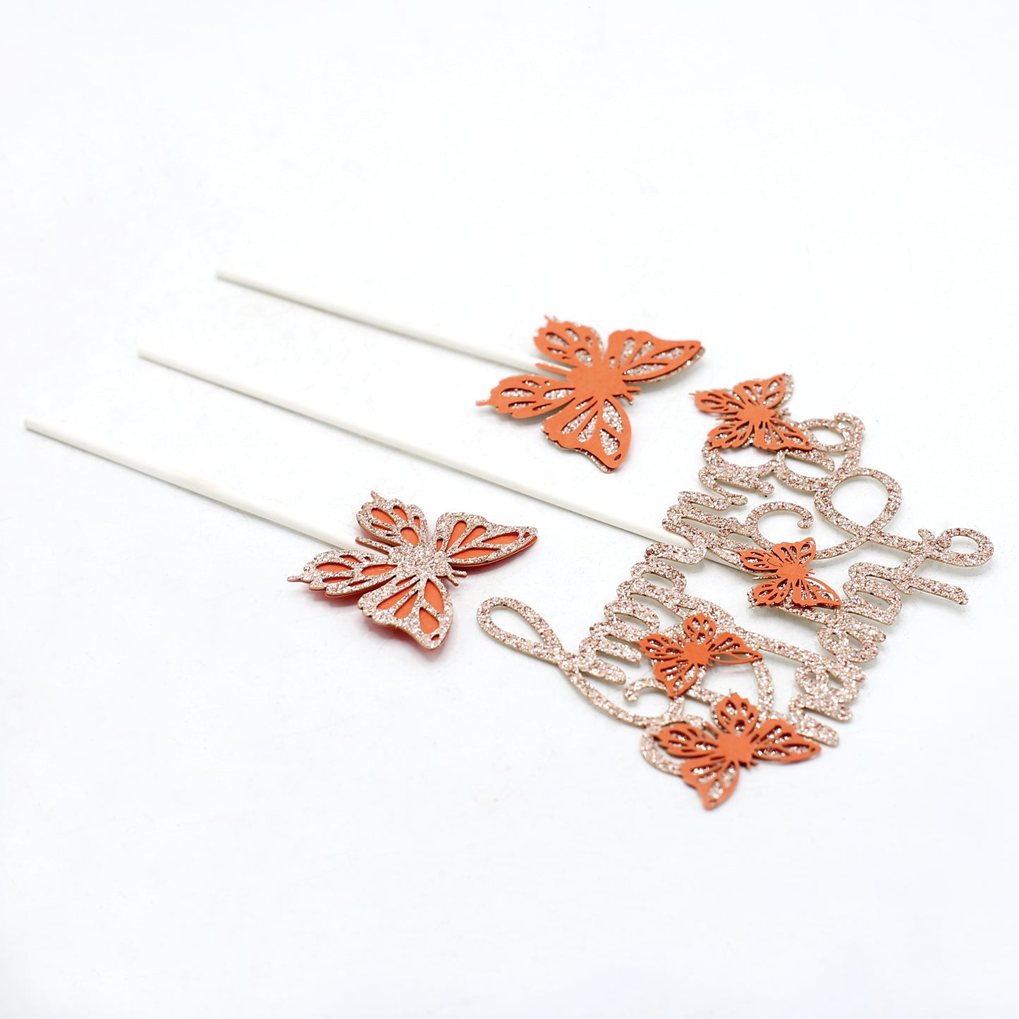 Happy Birthday And Butterfly Cake Topper 3Pcs Set Peach