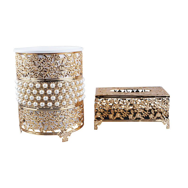 Pearls And Floral Design Decor Fancy Dustbin And Tissue Box Holder Set