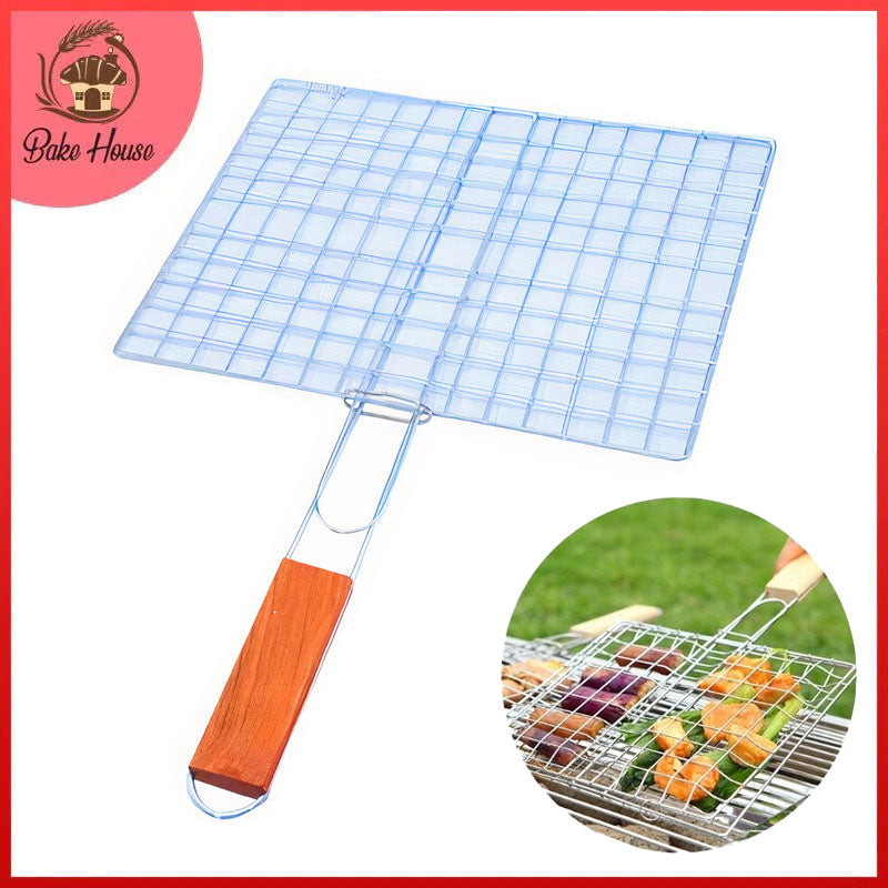 Barbecue Stainless Steel Hand Grill For Fish and Chicken Wooden Handle
