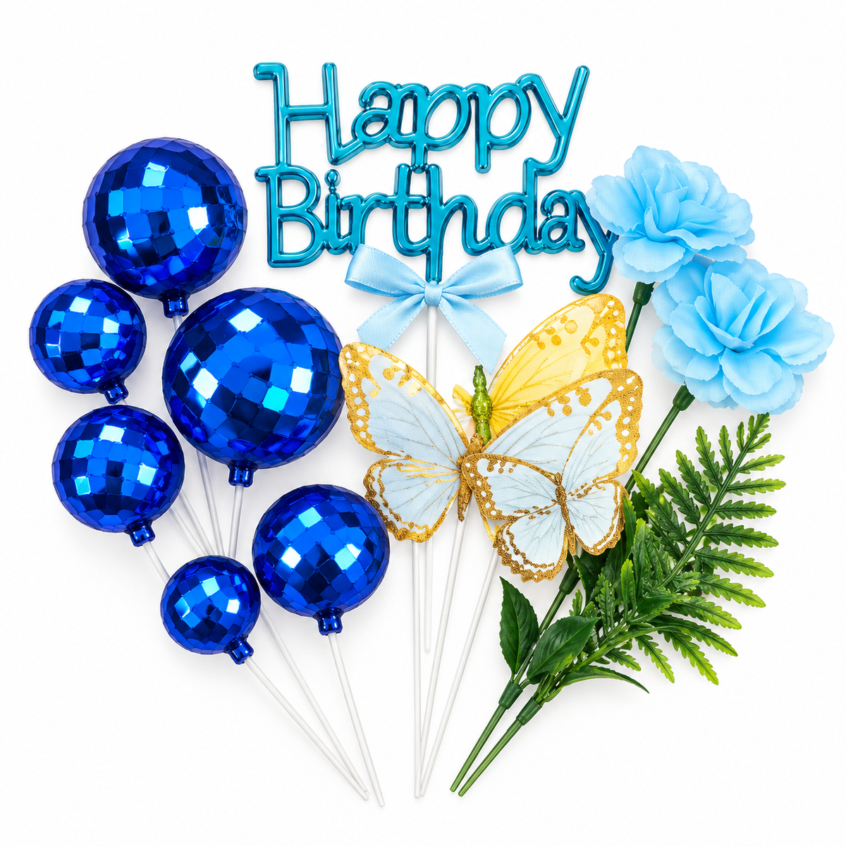 Happy Birthday Blue Cake Topper With Vintage Ball, Flower, Leave And Butterfly 12Pcs Set