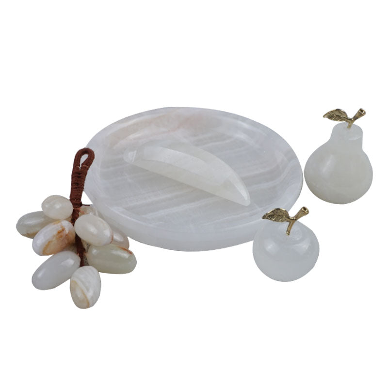 Decorative Marble Artificial Grapes, Banana, Apple & Pear Fruits with Tray 5 Pcs Centrepiece Decoration Set Medium