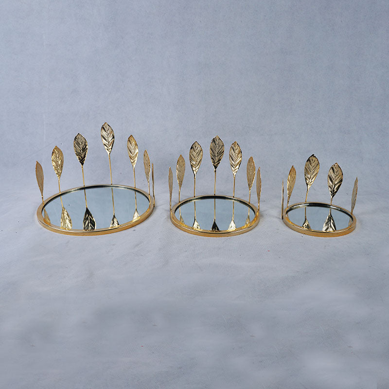 Mirror Base with Leaves Decor Desserts & Cosmetics Organizer Tray 3 Sizes Set
