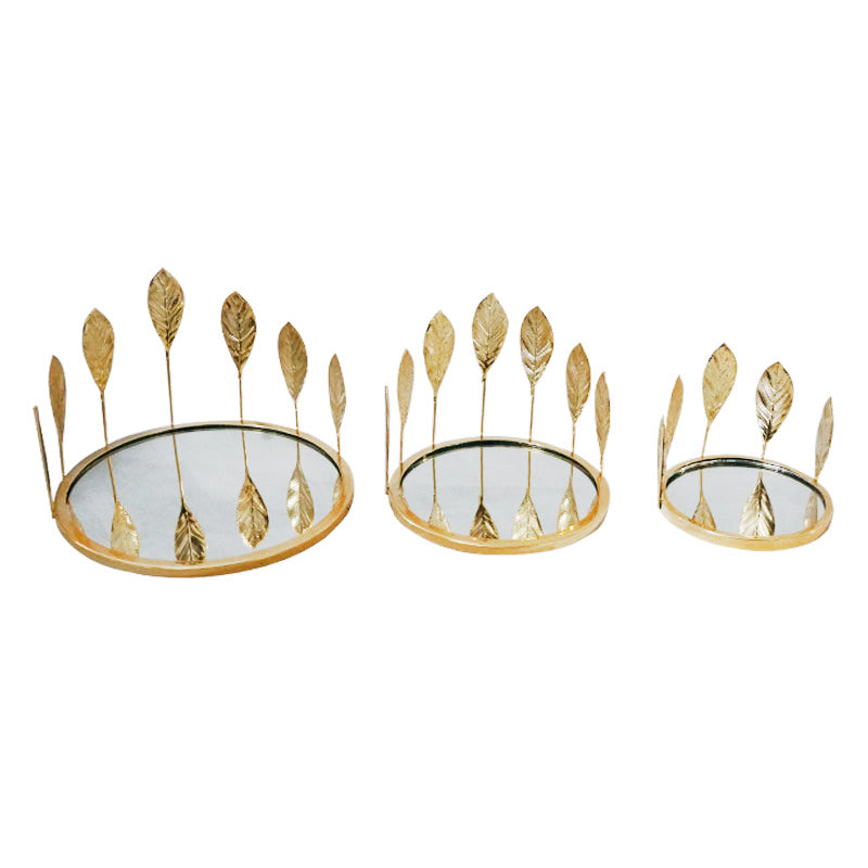 Mirror Base with Leaves Decor Desserts & Cosmetics Organizer Tray 3 Sizes Set