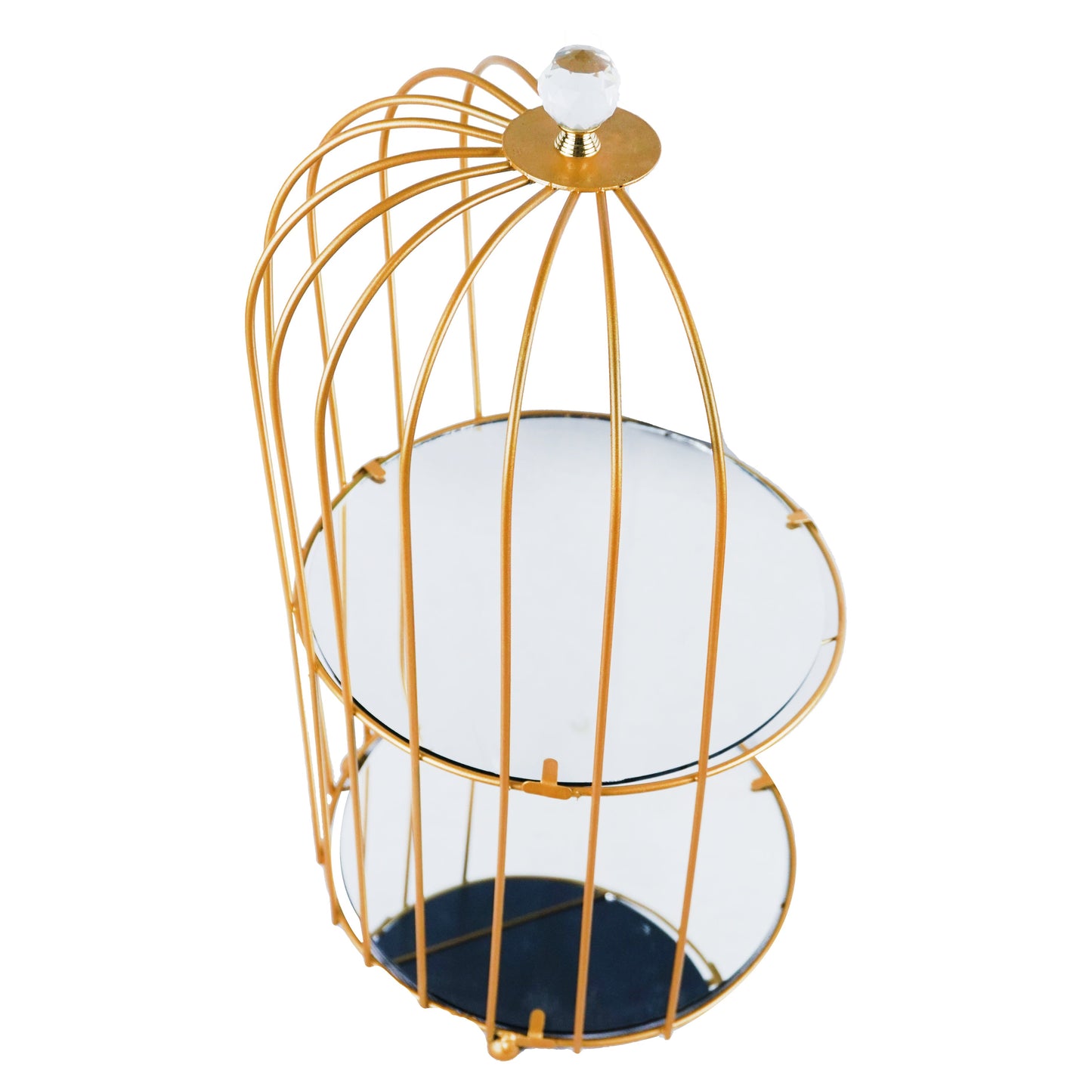 2 Tiers Round Mirror Base Bird Cage Style Desserts & Cosmetics Organizer
