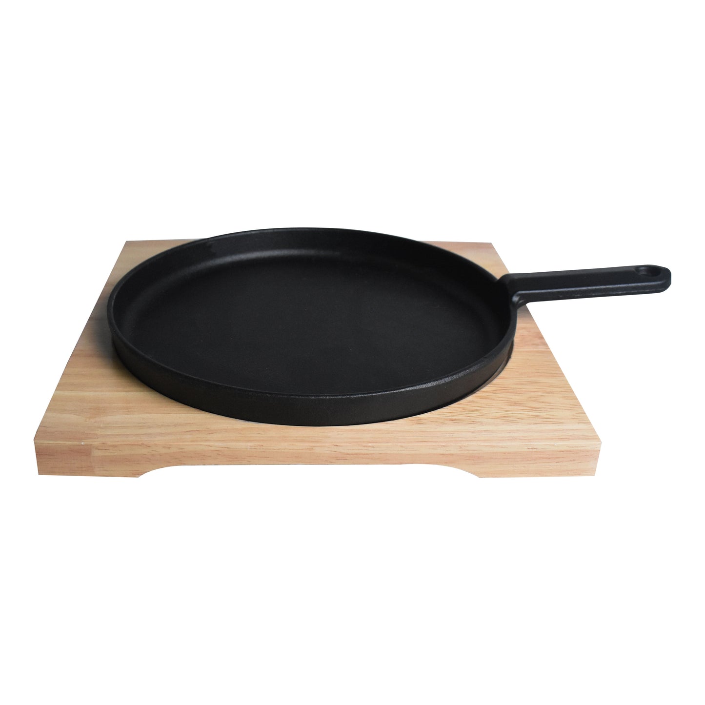 Round Cast Iron Sizzler Pan 24cm With Handle And Wooden Base