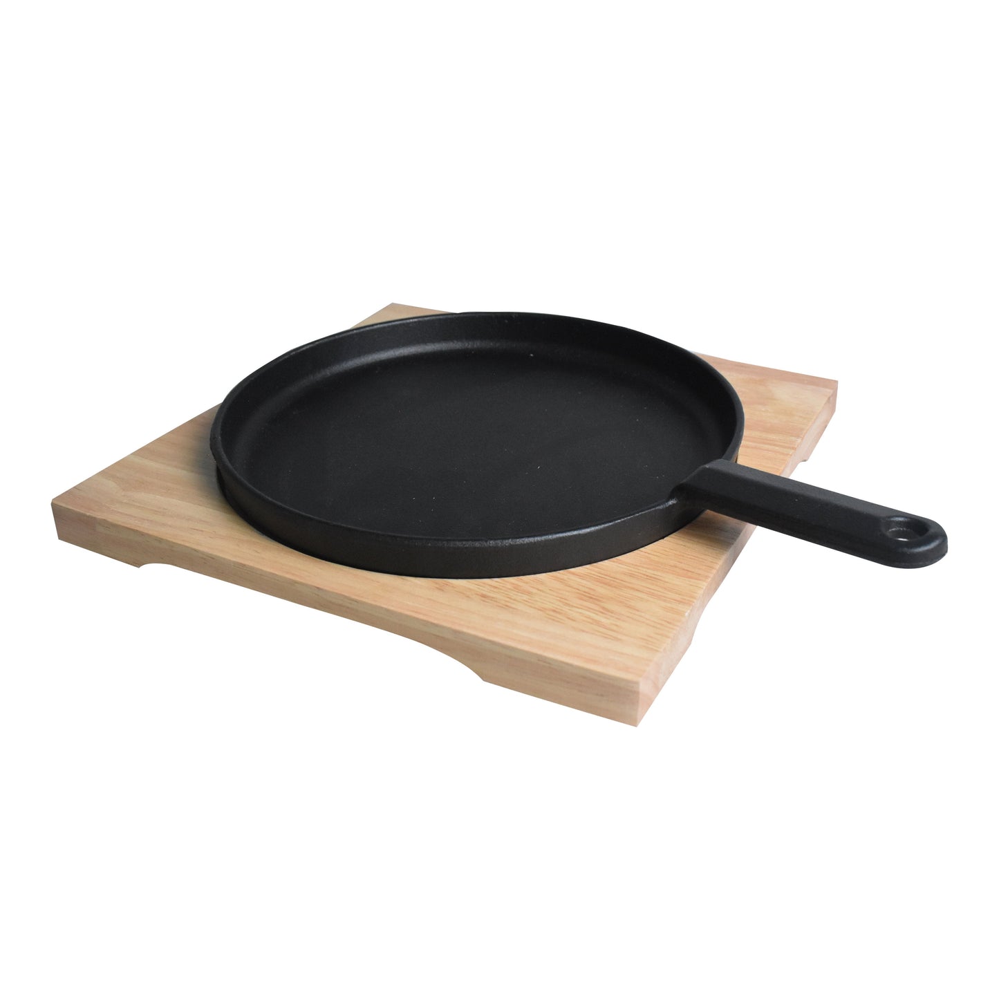 Round Cast Iron Sizzler Pan 24cm With Handle And Wooden Base
