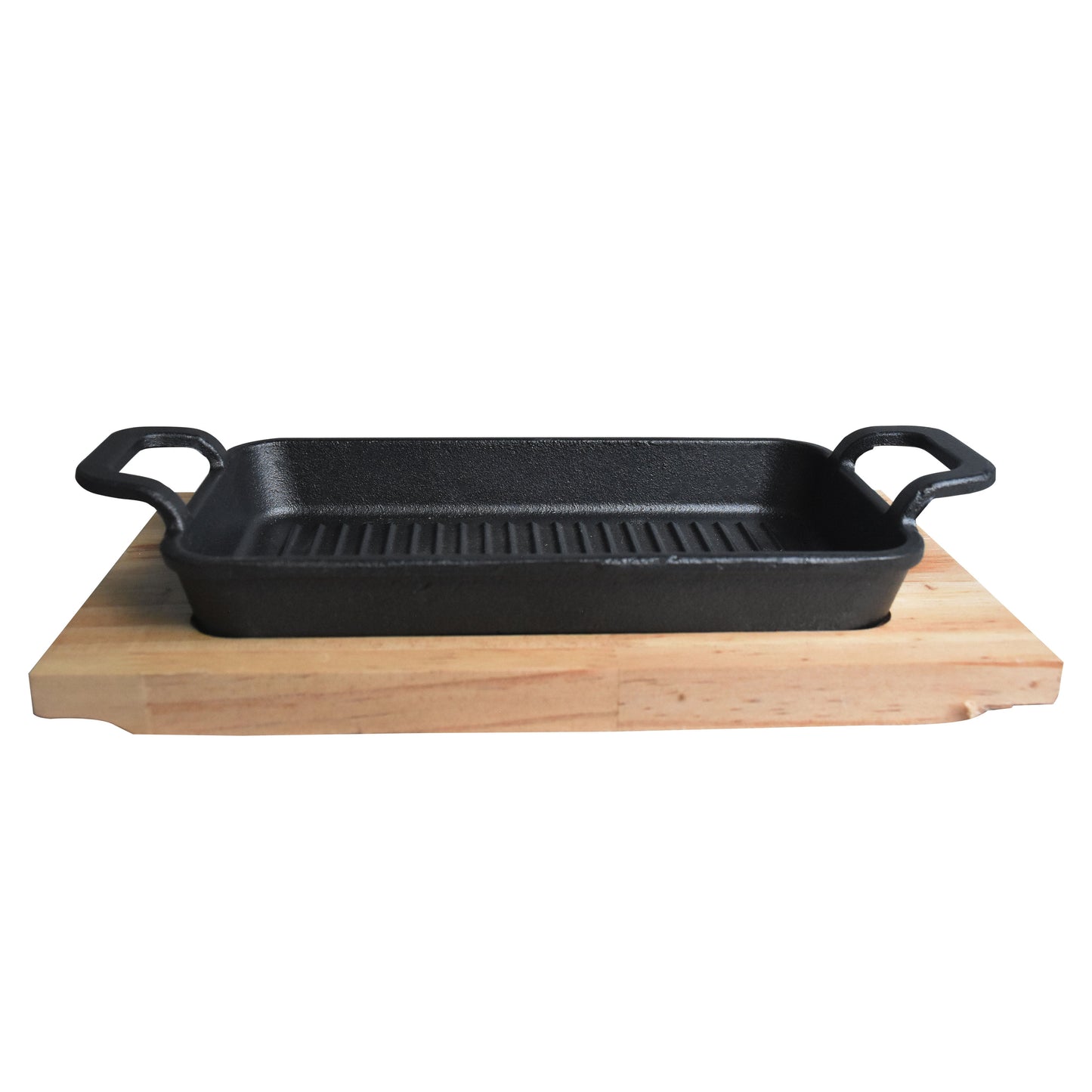Rectangle Cast Iron (21 x 12cm) Sizzler Tray Platter With Wooden Base