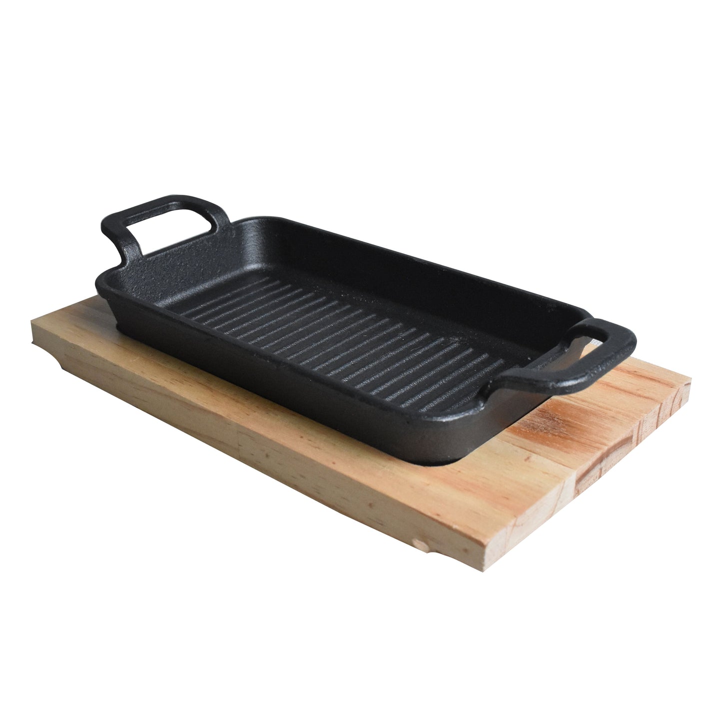 Rectangle Cast Iron (21 x 12cm) Sizzler Tray Platter With Wooden Base