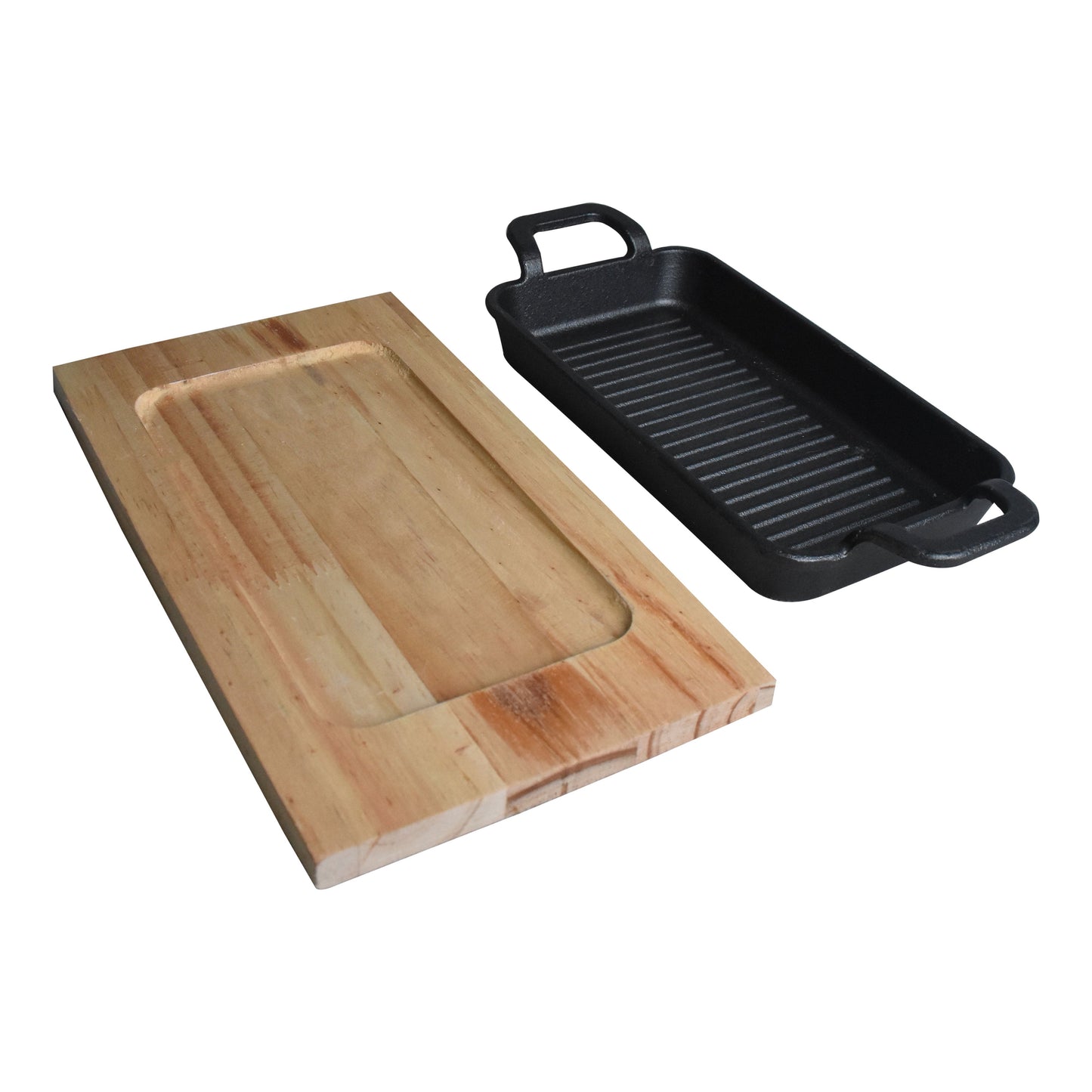 Rectangle Cast Iron (21 x 12cm) Sizzler Tray Platter With Wooden Base