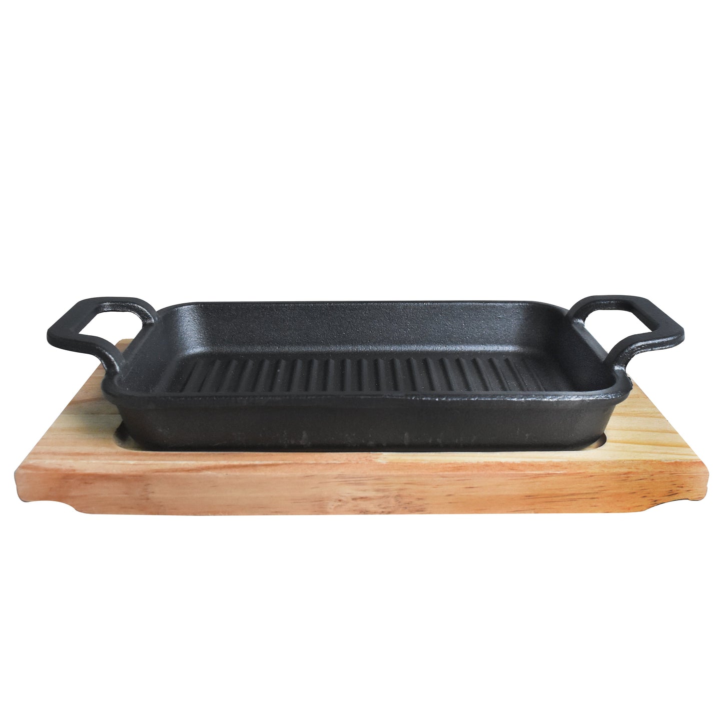 Rectangle Cast Iron (22 x 14cm) Sizzler Tray Platter With Wooden Base