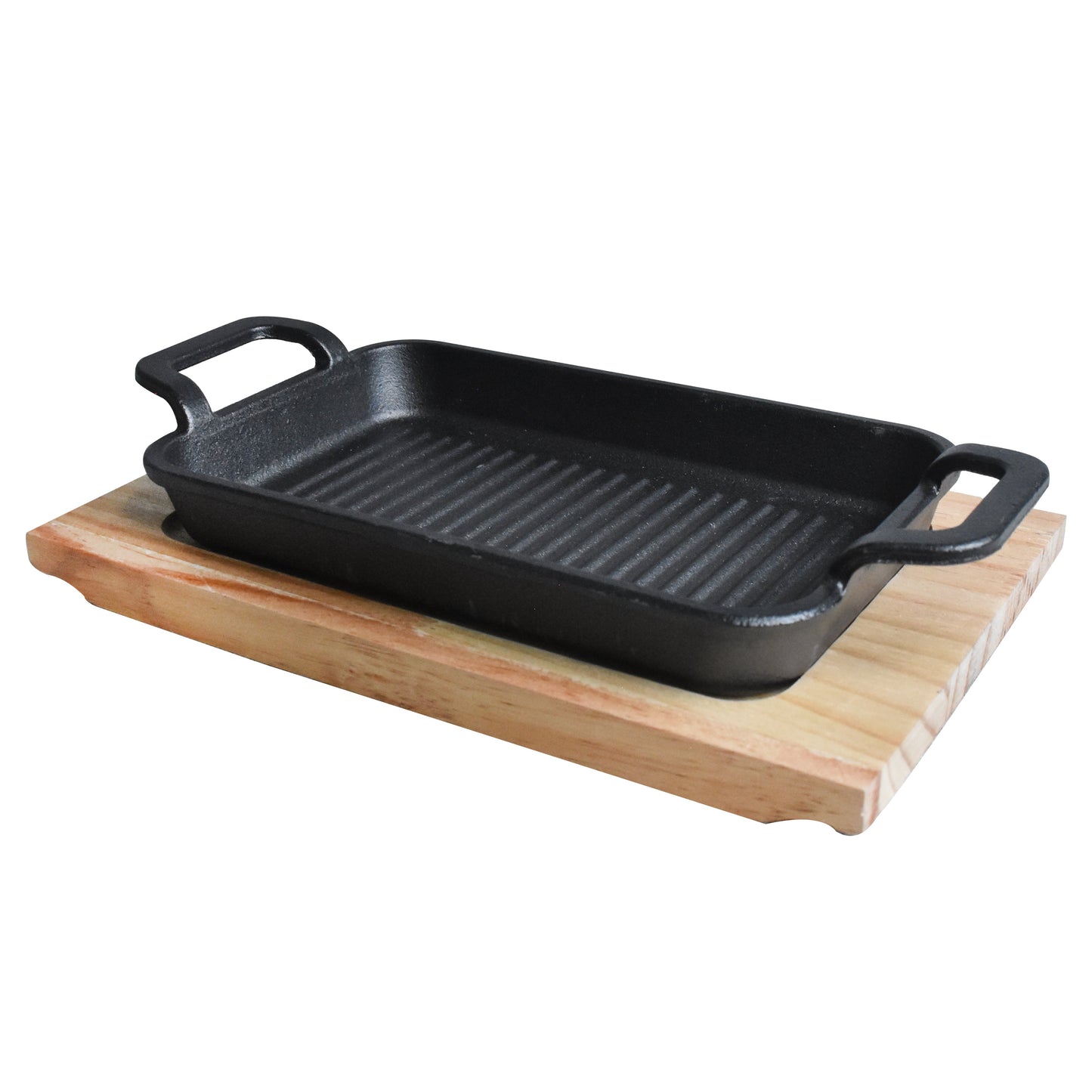 Rectangle Cast Iron (22 x 14cm) Sizzler Tray Platter With Wooden Base