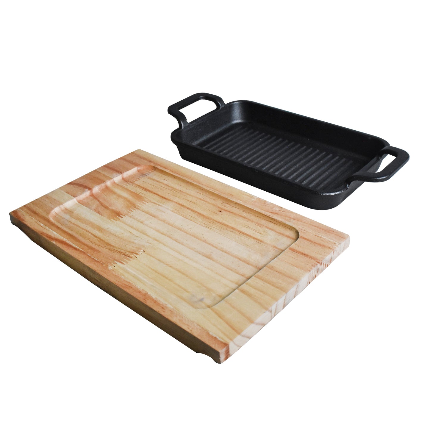Rectangle Cast Iron (22 x 14cm) Sizzler Tray Platter With Wooden Base