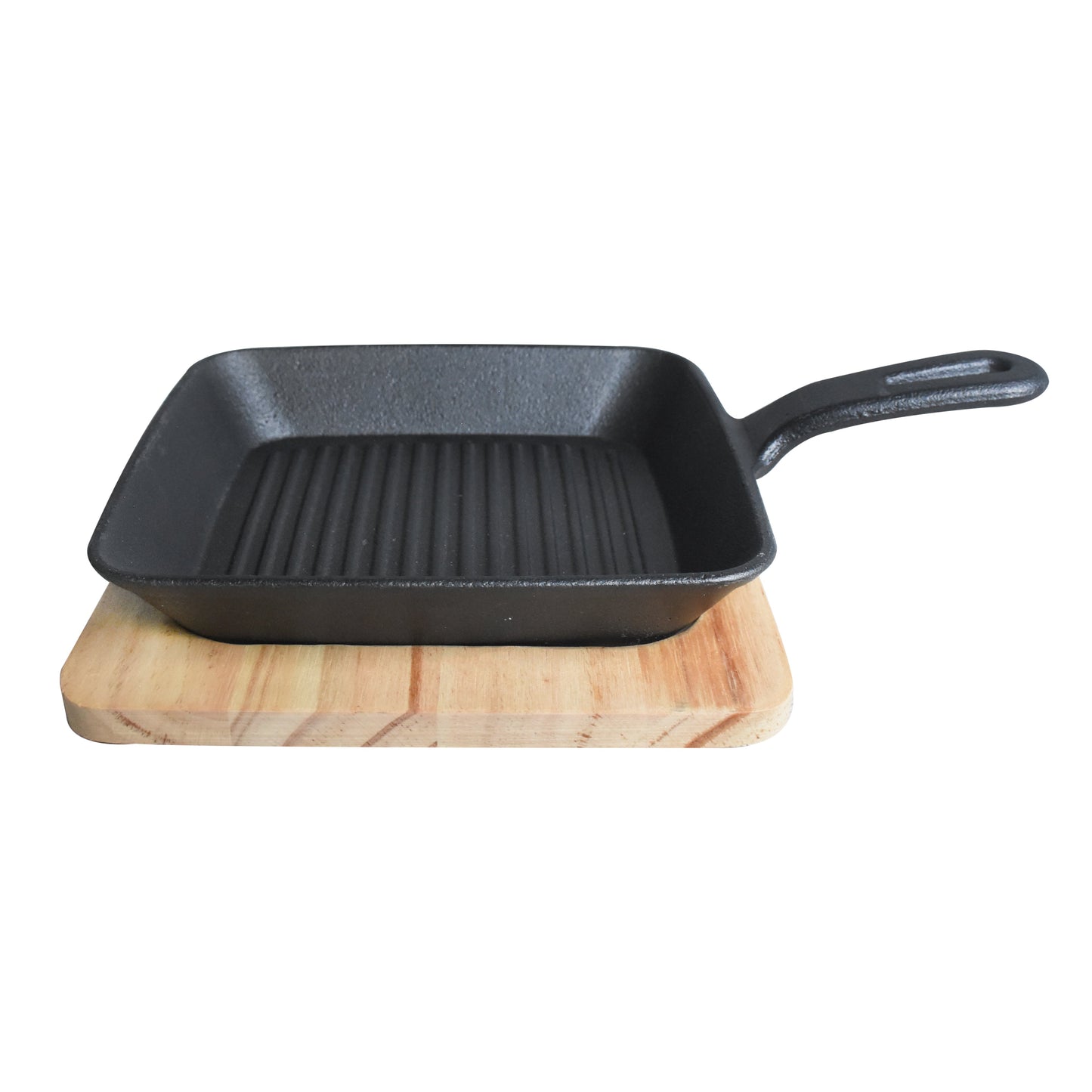 Square Cast Iron Grill Skillet Sizzler Pan With Wooden Base