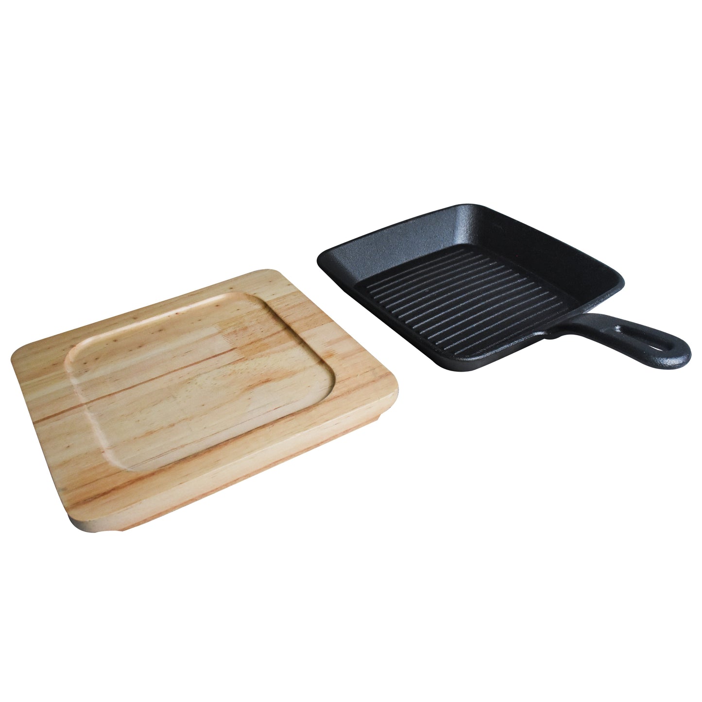 Square Cast Iron Grill Skillet Sizzler Pan With Wooden Base