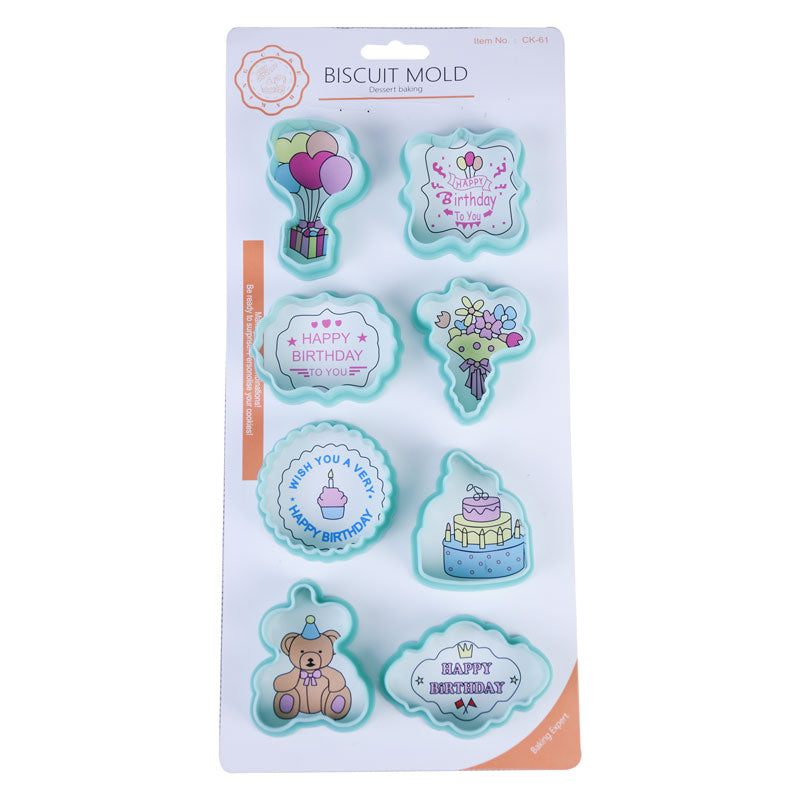 Birthday Theme Cookie And Fondant Plastic Cutters 8 Pcs Set