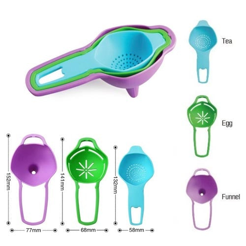 Egg Separator, Funnel & Strainer 3Pcs Set Plastic