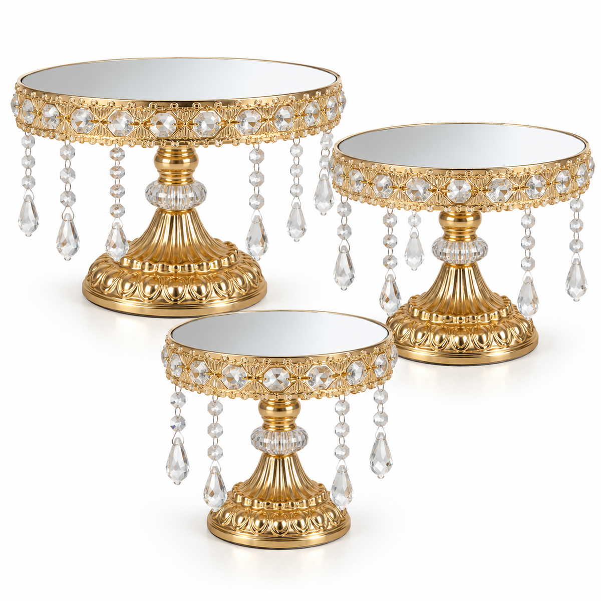 Golden Crystal Mirror Cake Stand Set – 3 Pieces