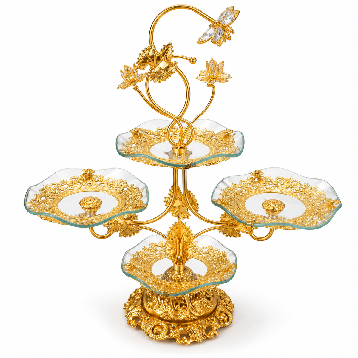 Golden Floral 4-Plate Glass Fruit & Dessert Serving Stand