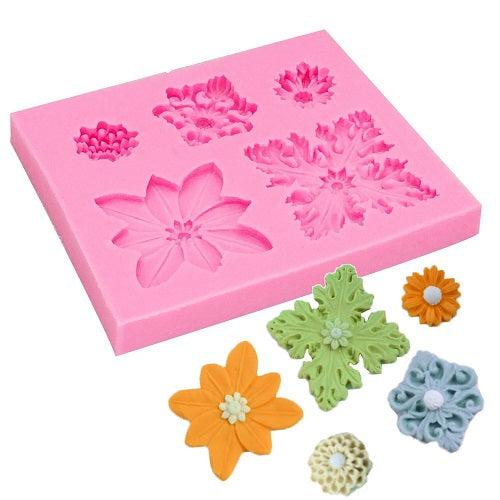 European Flowers Retro Relief Silicone Fondant Mold 5 Cavity