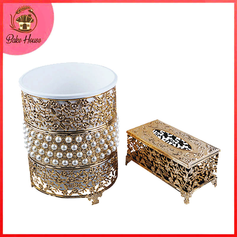 Pearls And Floral Design Decor Fancy Dustbin And Tissue Box Holder Set