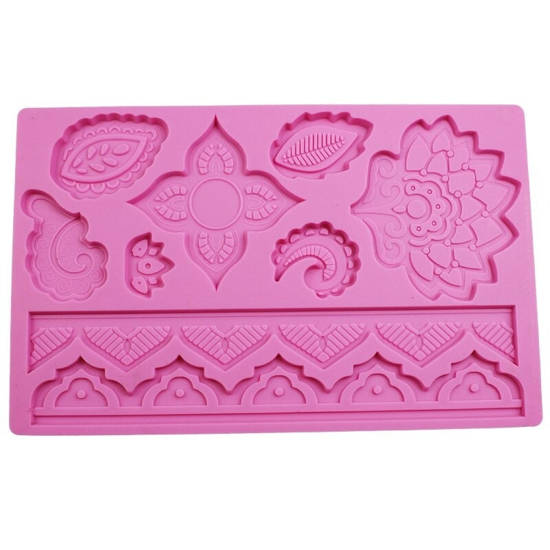 Flower With Leaves & Lace Silicone Fondant Mold Sheet