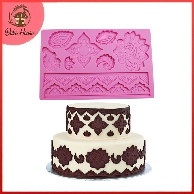 Flower With Leaves & Lace Silicone Fondant Mold Sheet