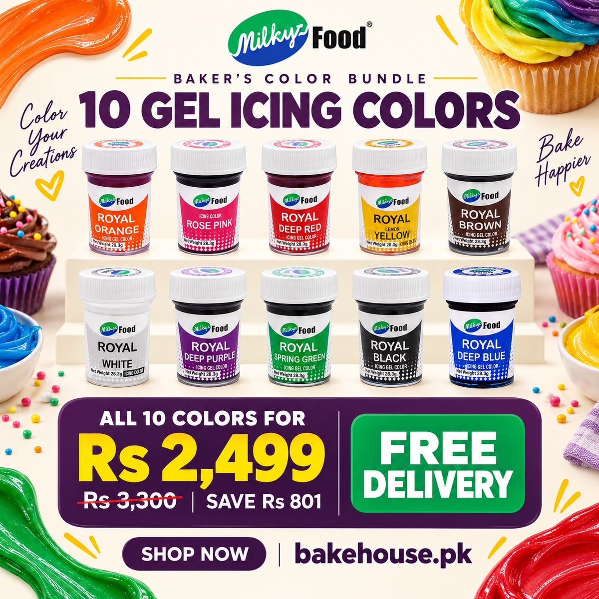 Milkyz Food Gel Icing Colors – Pack of 10 | Free Delivery