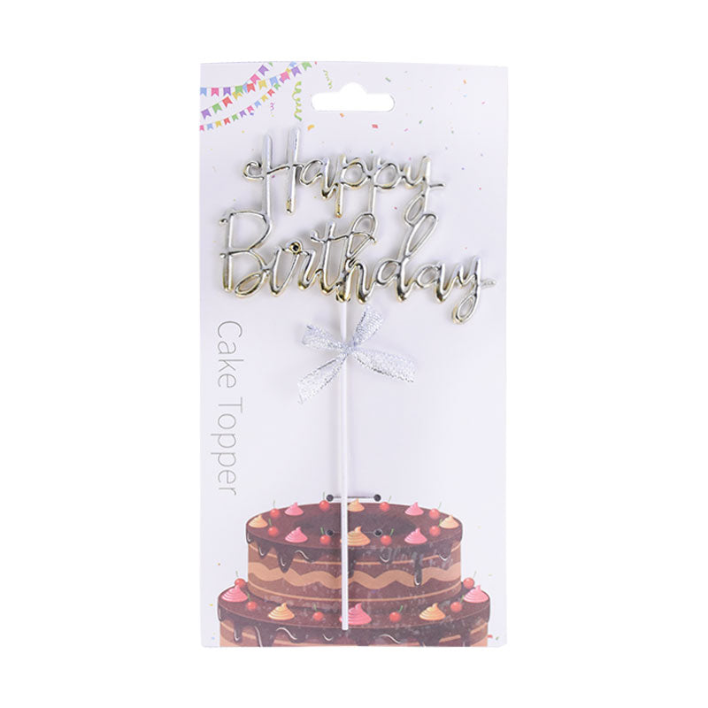 Happy Birthday Cake Topper Silver In Simple Words With Candle Shape