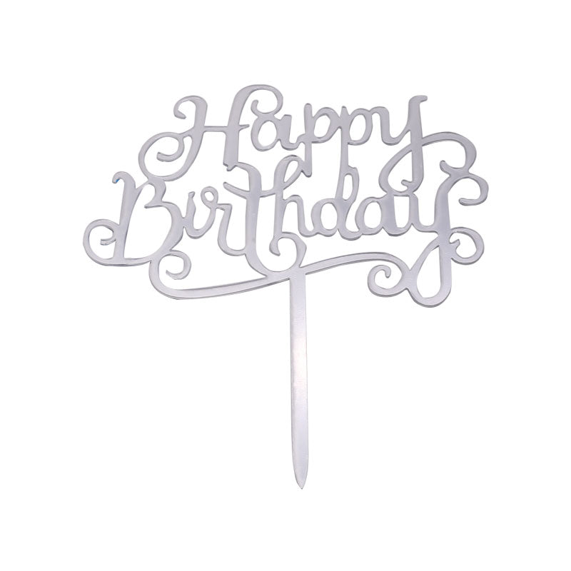 Stylish Happy Birthday Cake Topper Silver