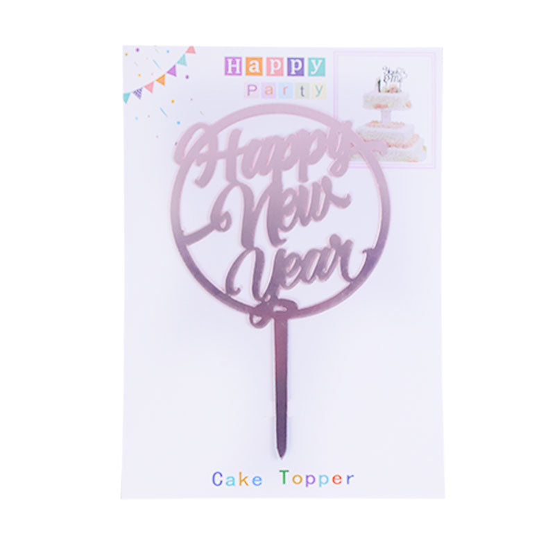 Happy New Year Cake Topper In Round Crystal Pink
