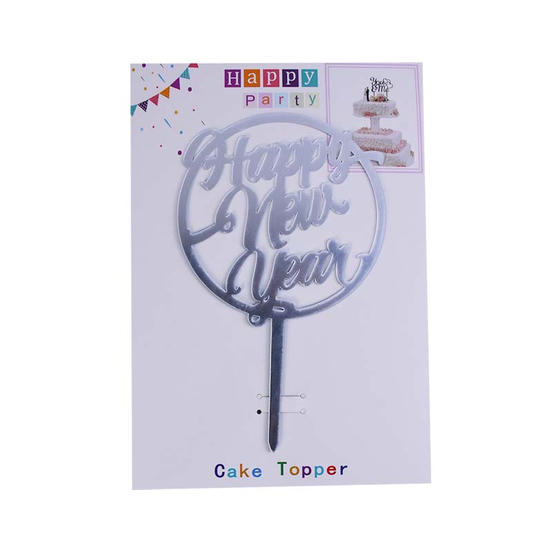 Happy New Year Cake Topper In Round Silver